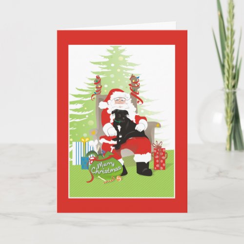 Christmas Card _ Black Pit Bull Dog on Santas Lap