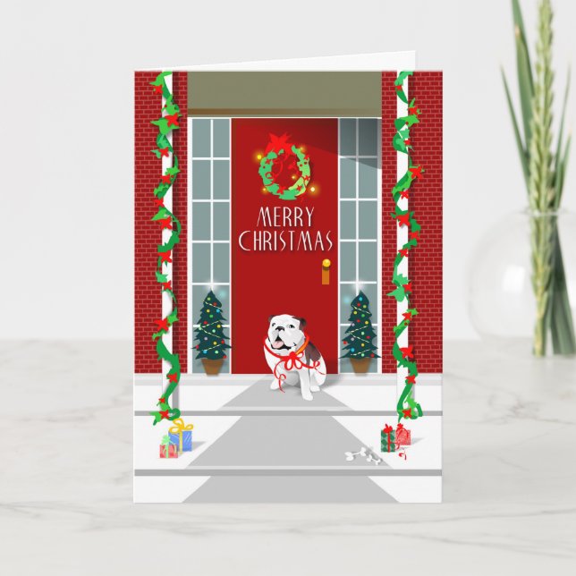 Christmas Card - Bulldog on Porch  Christmas (Front)