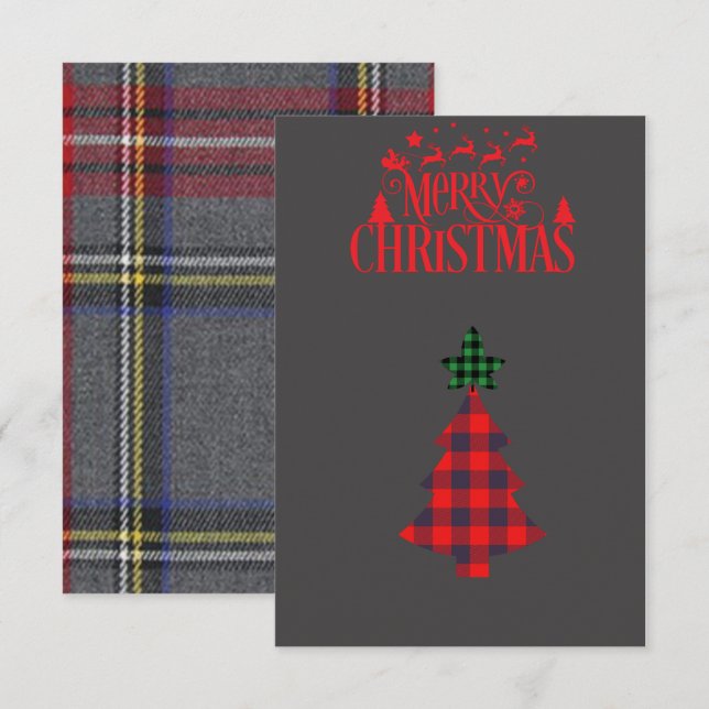 Christmas Card, check, grey and red, simple,Clever (Front/Back)