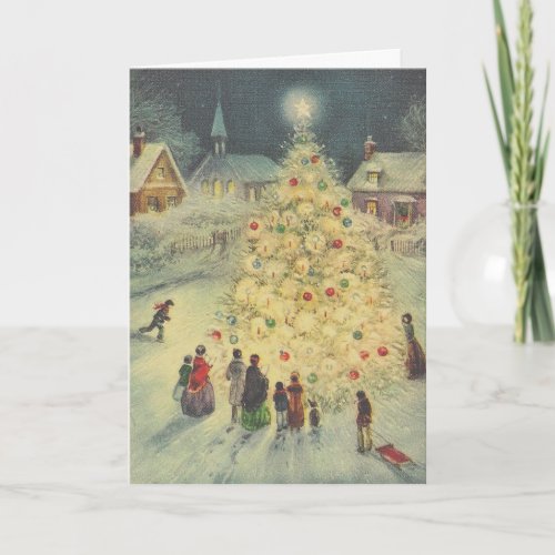 Christmas card Church with Christmas tree