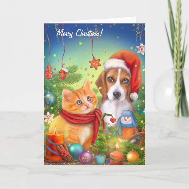 Christmas card. Cute cat and dog. Funny animals Card (Front)