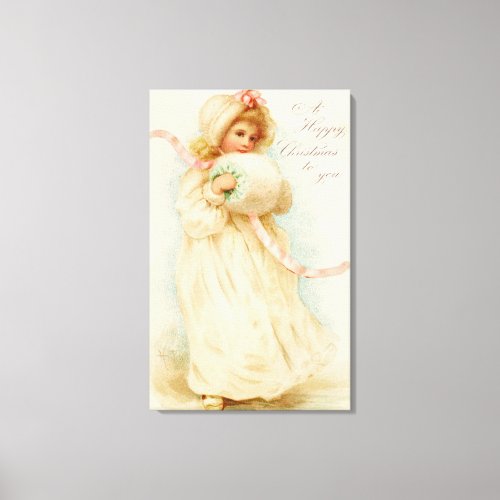 Christmas card depicting a girl with a muff canvas print