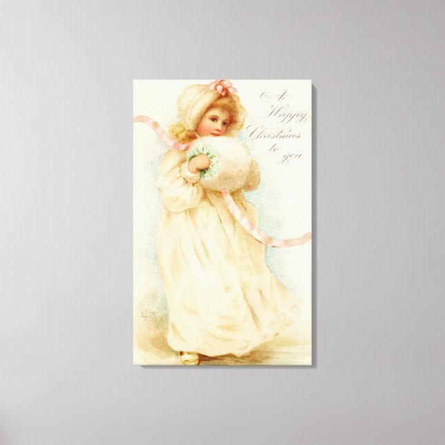 Christmas card depicting a girl with a muff canvas print (Front)