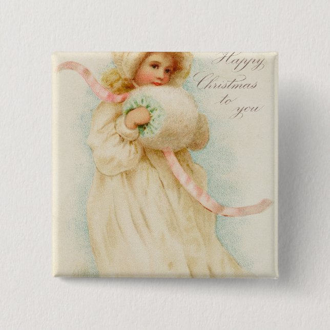 Christmas card depicting a girl with a muff pinback button (Front)