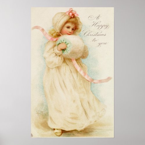 Christmas card depicting a girl with a muff poster