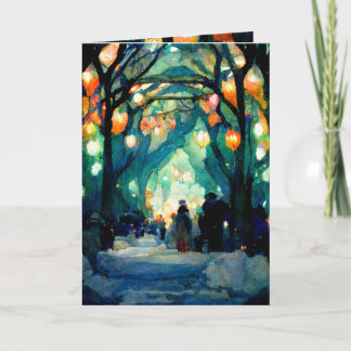 Christmas card evening gathering colorful lights