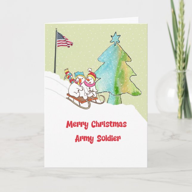 Christmas Card for Army Soldier with Snowmen (Front)