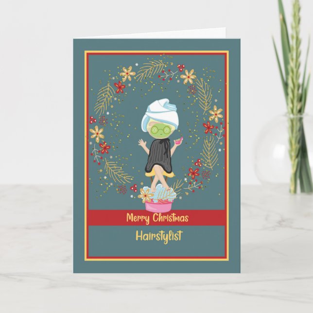 Christmas Card for Hairstylist in Green (Front)