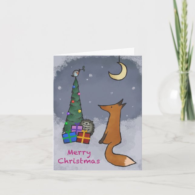 Christmas card, fox and friends, folding holiday card (Front)