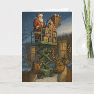 Christmas card funny Santa on scissor lift