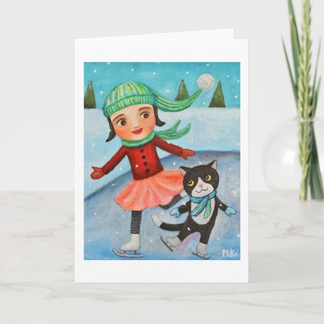 Christmas Card Girl & Cat Ice Skating Winter Card (Front)