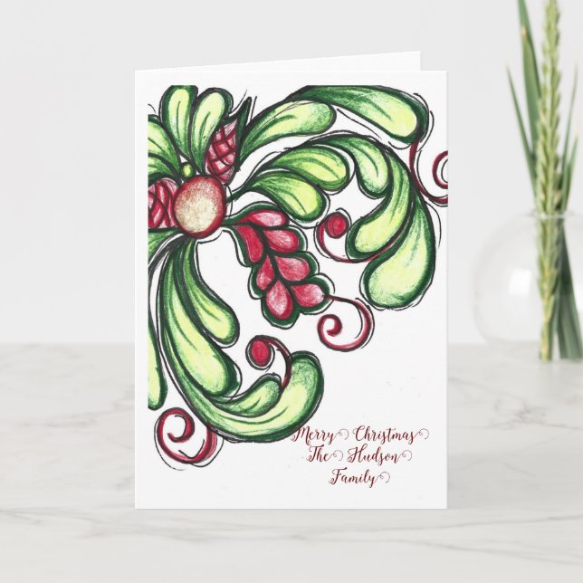 Christmas Card, Hand drawn flourish, Color pencil Holiday Card (Front)