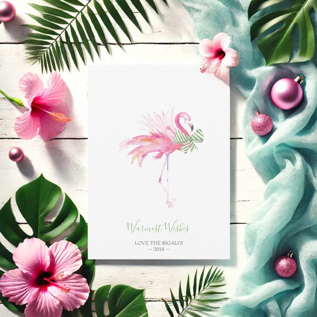 Christmas Card, Holiday Card, Pink Flamingo (Tropical pink flamingo Christmas card for pinkmas. Watercolor art by Victoria Grigaliunas)