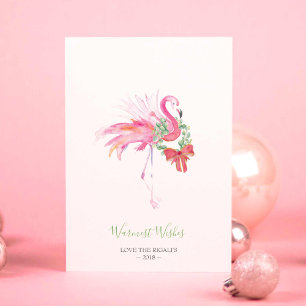 Christmas Card, Holiday Watercolor Pink Flamingo