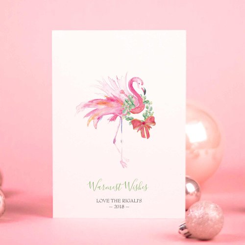 Christmas Card Holiday Watercolor Pink Flamingo