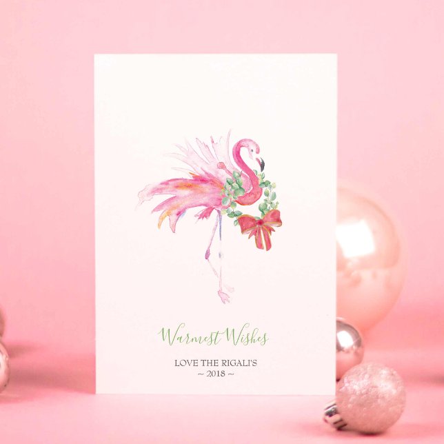 Christmas Card, Holiday Watercolor Pink Flamingo Card (Flamingo Christmas cards designed using unique tropical watercolor art by Victoria Grigaliunas)