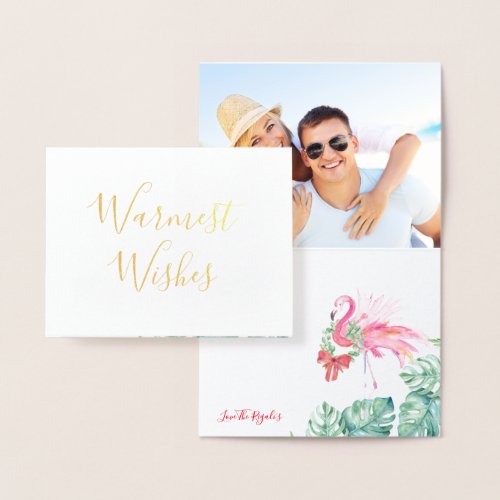 Christmas Card Holiday Watercolor Pink Flamingo Foil Card