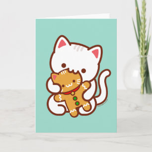 Christmas Card: Hungry Cat Eating Gingerbread Cat Card