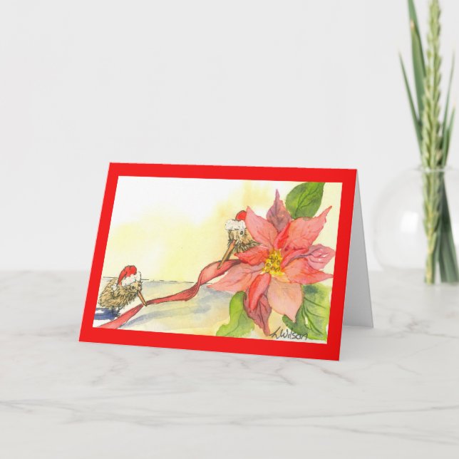 Christmas card Kiwi and Poinsettia with Ribbon (Front)