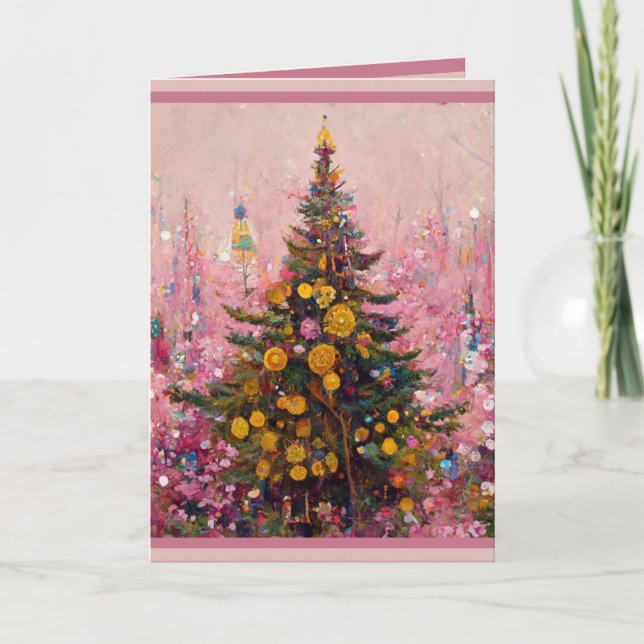 Christmas Card Klimt style droll humor pink tree (Front)
