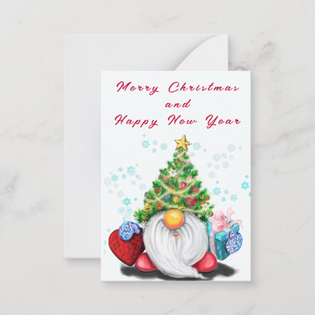 Christmas Card Little Gnome with Gift (Front)