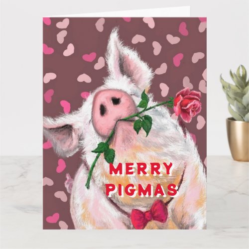 Christmas Card Playful Gentleman Pig with Rose
