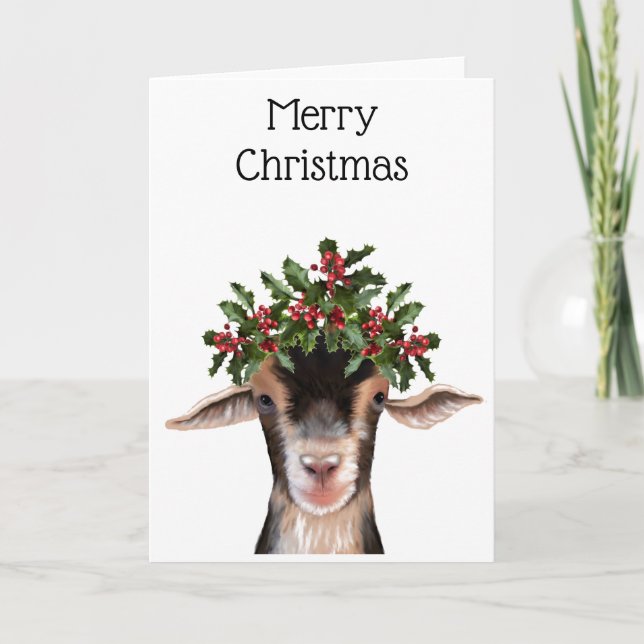Christmas Card - Posey the Goat with Holly (Front)