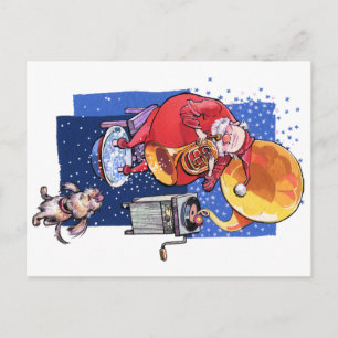 Christmas Card . Santa playing music .