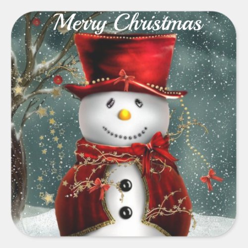 Christmas Card Snowman Smiling in Top Hat Square Sticker