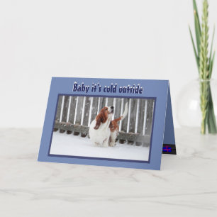 Christmas Card w/Basset in Snow & Fireplace & Tree