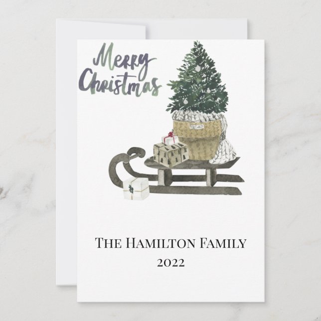 Christmas Card Watercolor Sled and Tree (Front)