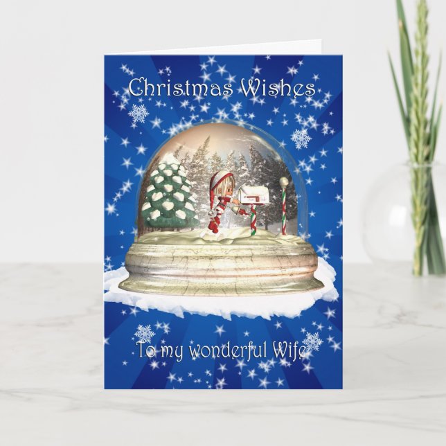 Christmas card, Wife Christmas, Elf in a snow glob Holiday Card (Front)