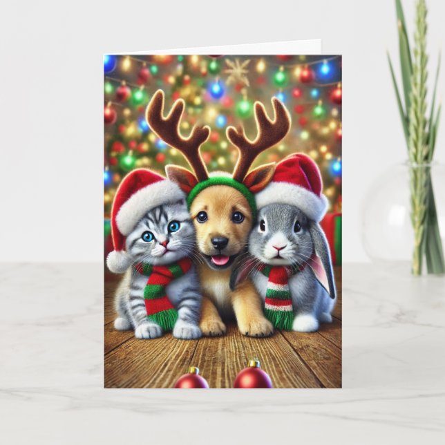 Christmas card with a dog, a cat and a bunny (Front)