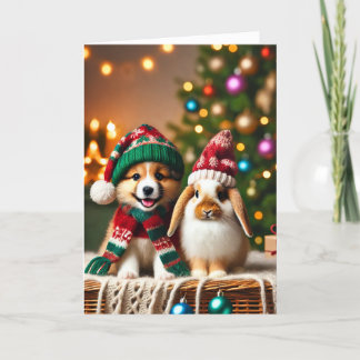 Christmas card with a dog and a bunny