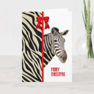 Christmas Card with a Zebra, Stripes and a Red Bow