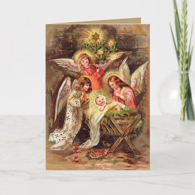 Christmas card with angles watching Baby Jesus (Front)
