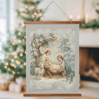 Christmas card with baby Jesus in a manger and ang Hanging Tapestry