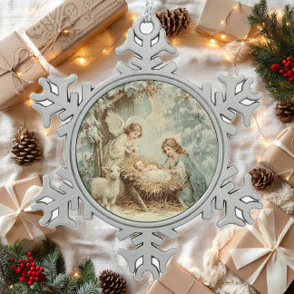 Christmas card with baby Jesus in a manger and ang Snowflake Pewter Christmas Ornament