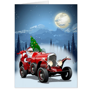 Christmas card with cartoon retro car & cool Santa