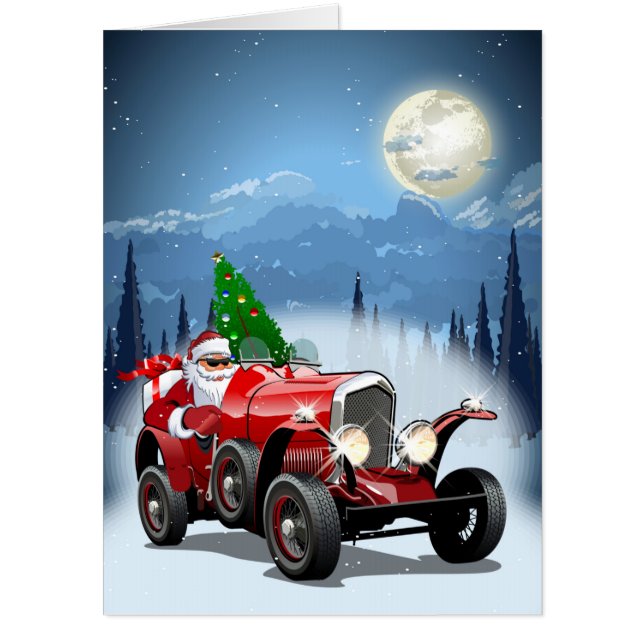 Christmas card with cartoon retro car & cool Santa (Front)