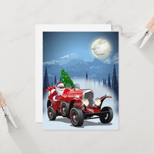 Christmas card with cartoon retro car  cool Santa