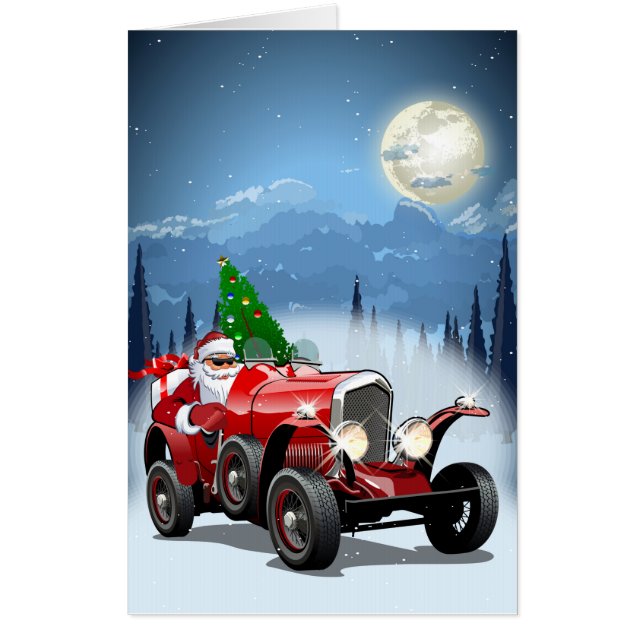 Christmas card with cartoon retro car & cool Santa (Front)