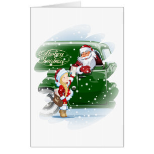 Christmas card with cartoon Santa and Snow Maiden