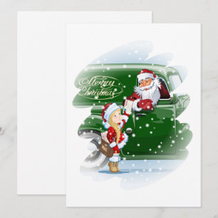 Christmas card with cartoon Santa and Snow Maiden