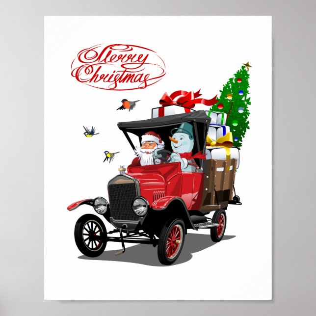 Christmas card with cartoon Santa`s truck Poster (Front)
