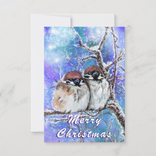 Christmas Card with Couple Sparrows In Winter (Front)