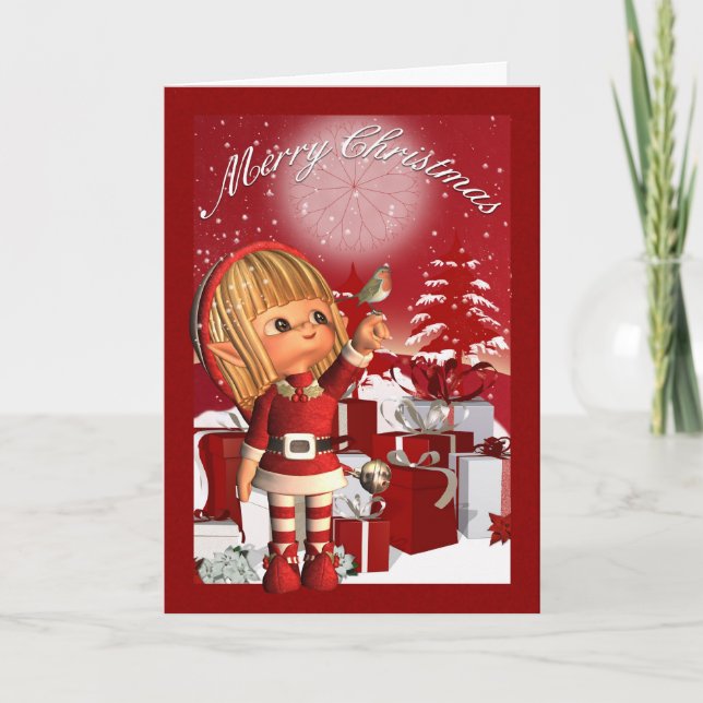 Christmas Card With Cute Elf And Robin (Front)