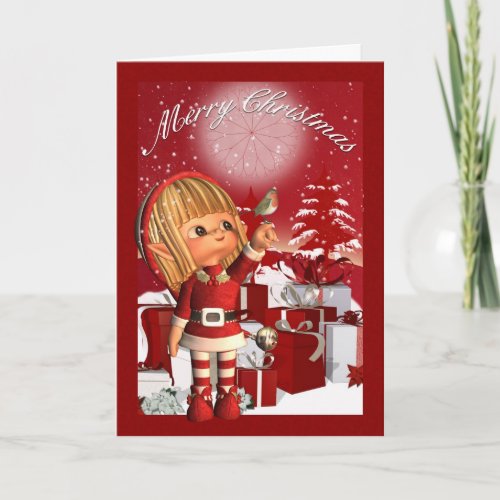 Christmas Card With Cute Elf And Robin