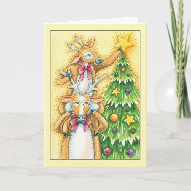 Christmas Card With Cute Pair Of Reindeer Putting (Front)
