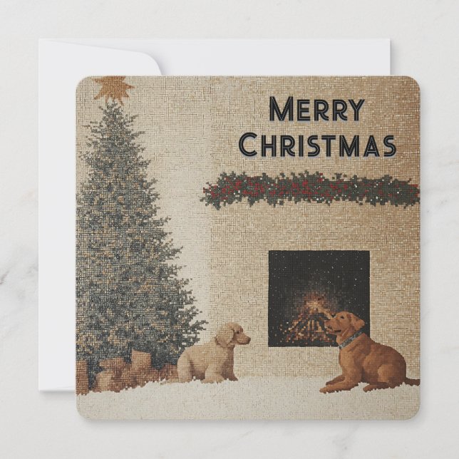 Christmas Card with Dogs & Fireplace Neutral Color (Front)